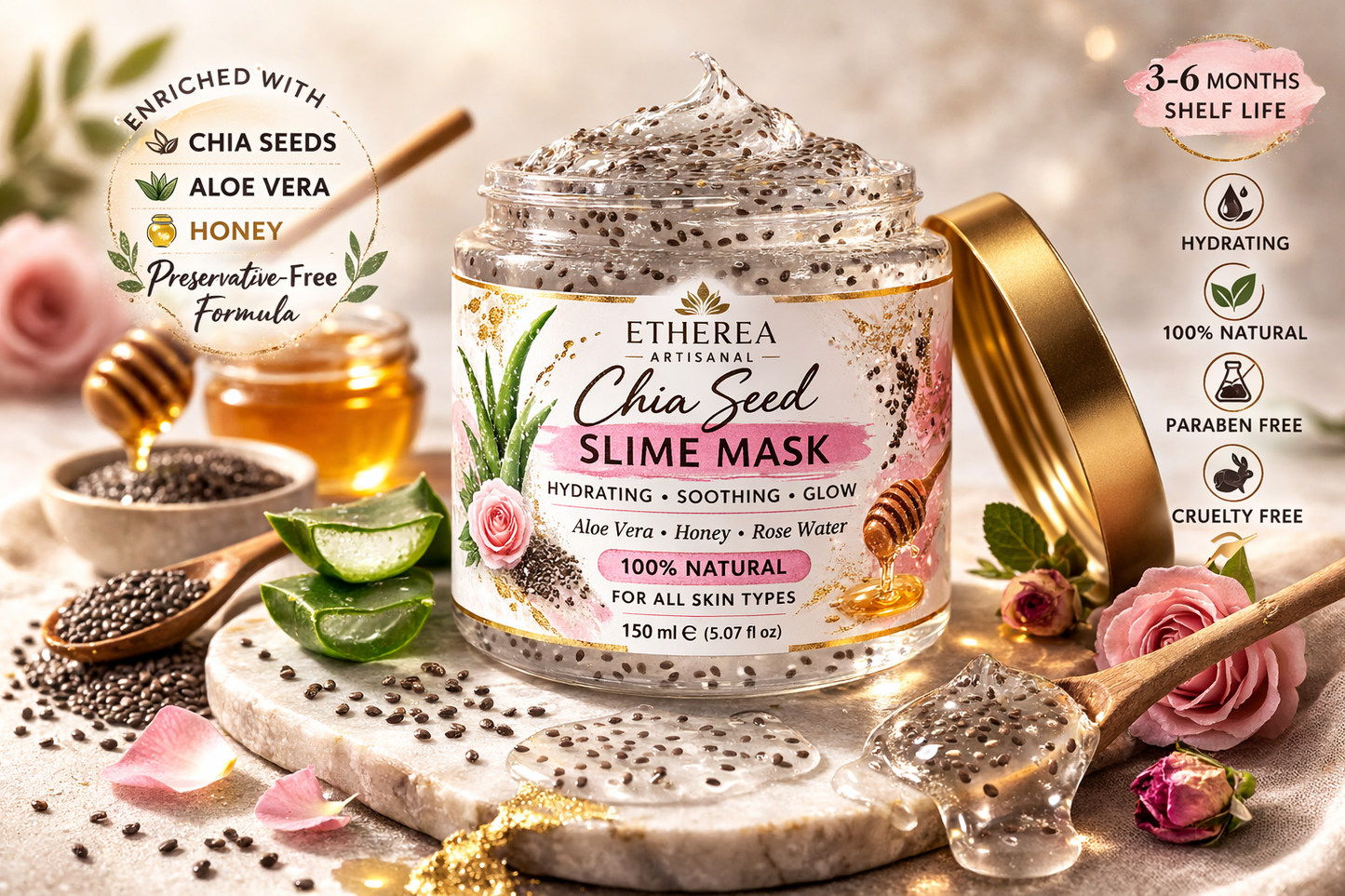 Etherea Artisanal Chia Seed Slime Mask 150 ml luxury skincare jar with aloe vera, honey, and chia seeds in natural spa setting.