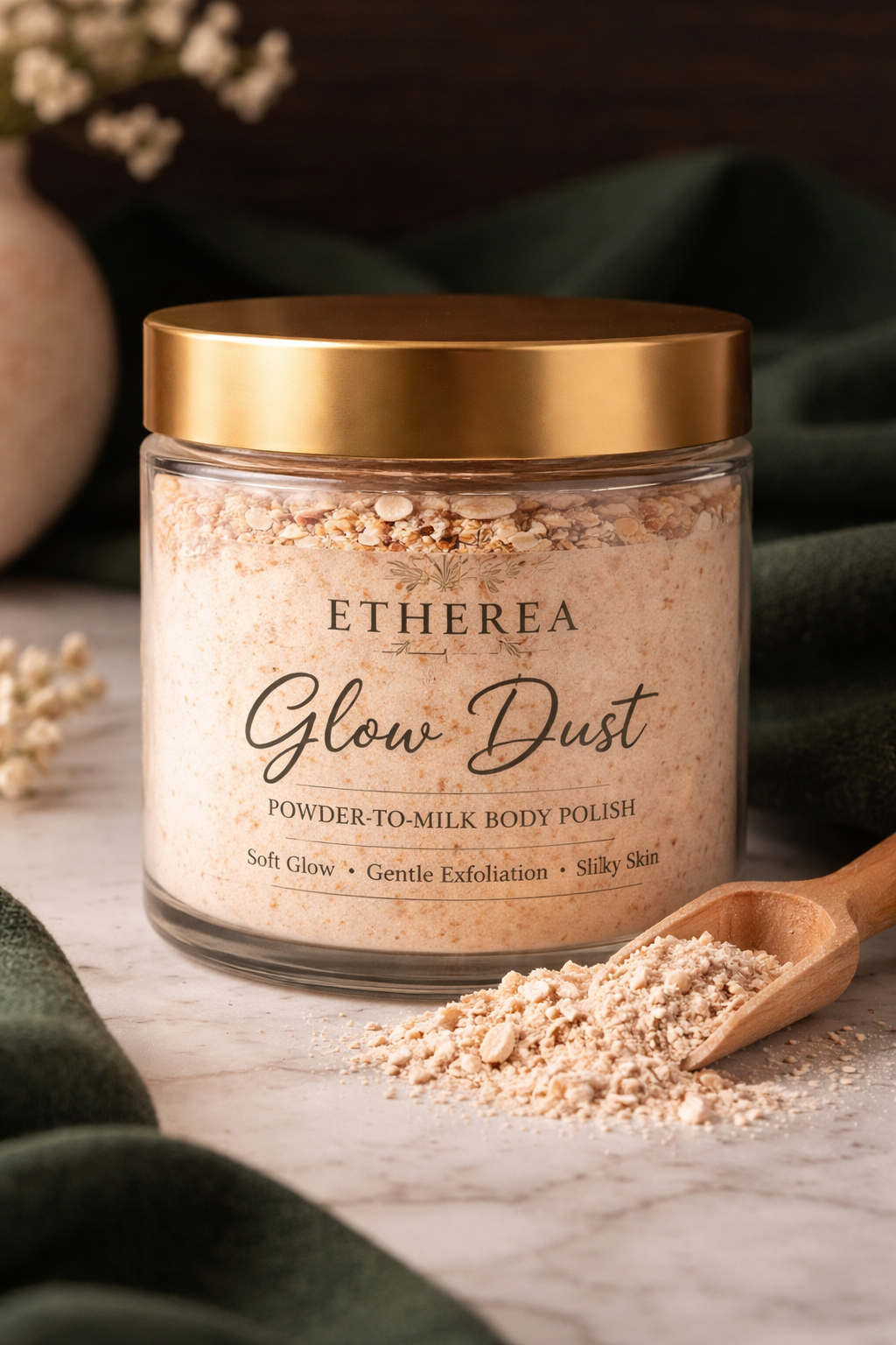 Etherea Artisanal Body Exfoliating Glow Dust in a jar, gentle scrub with natural oils and subtle shimmer for radiant skin
