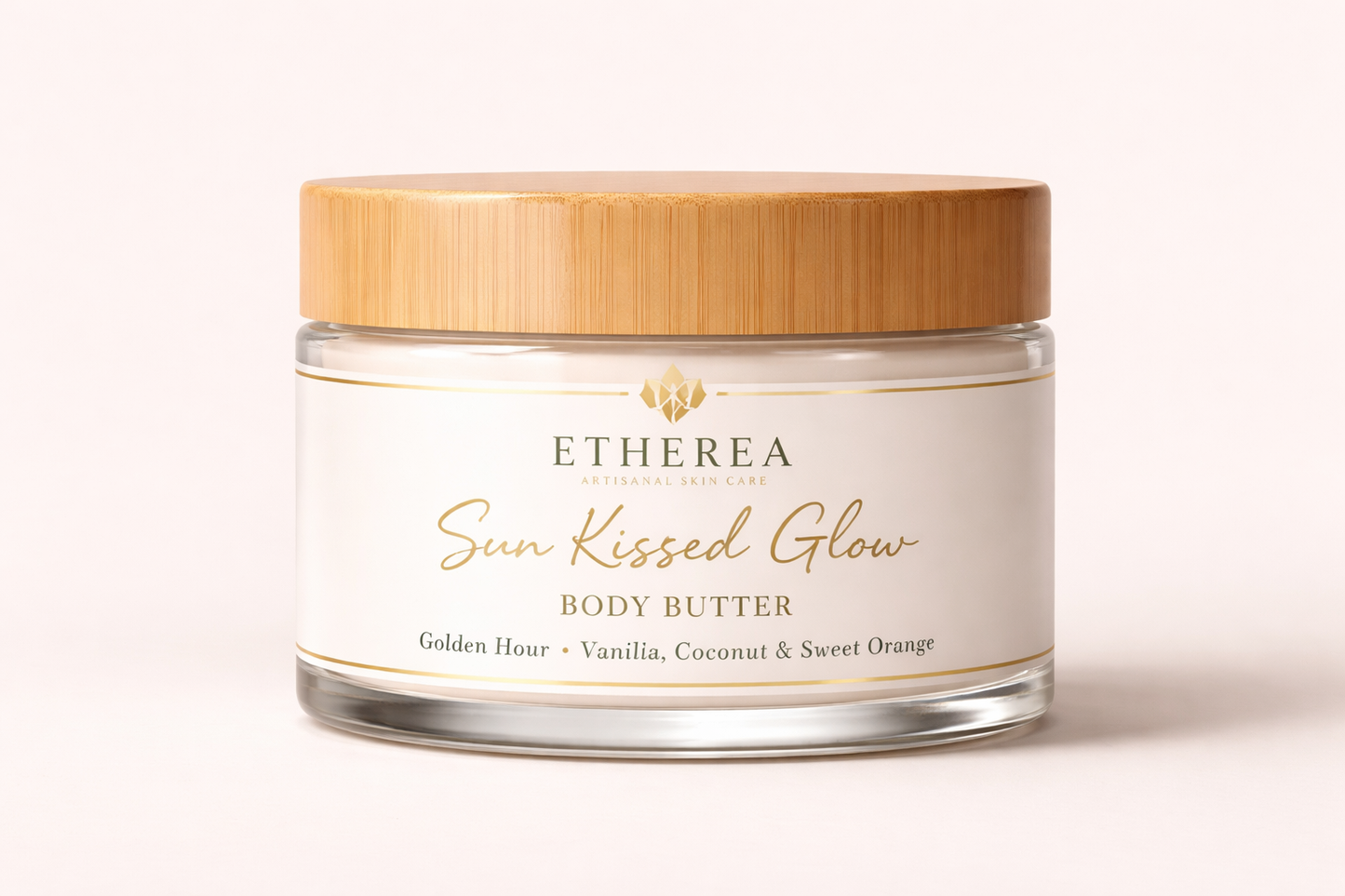 Sun Kissed Glow Body Butter in glass jar with bamboo lid, tan enhancing moisturizer with vanilla coconut sweet orange scent