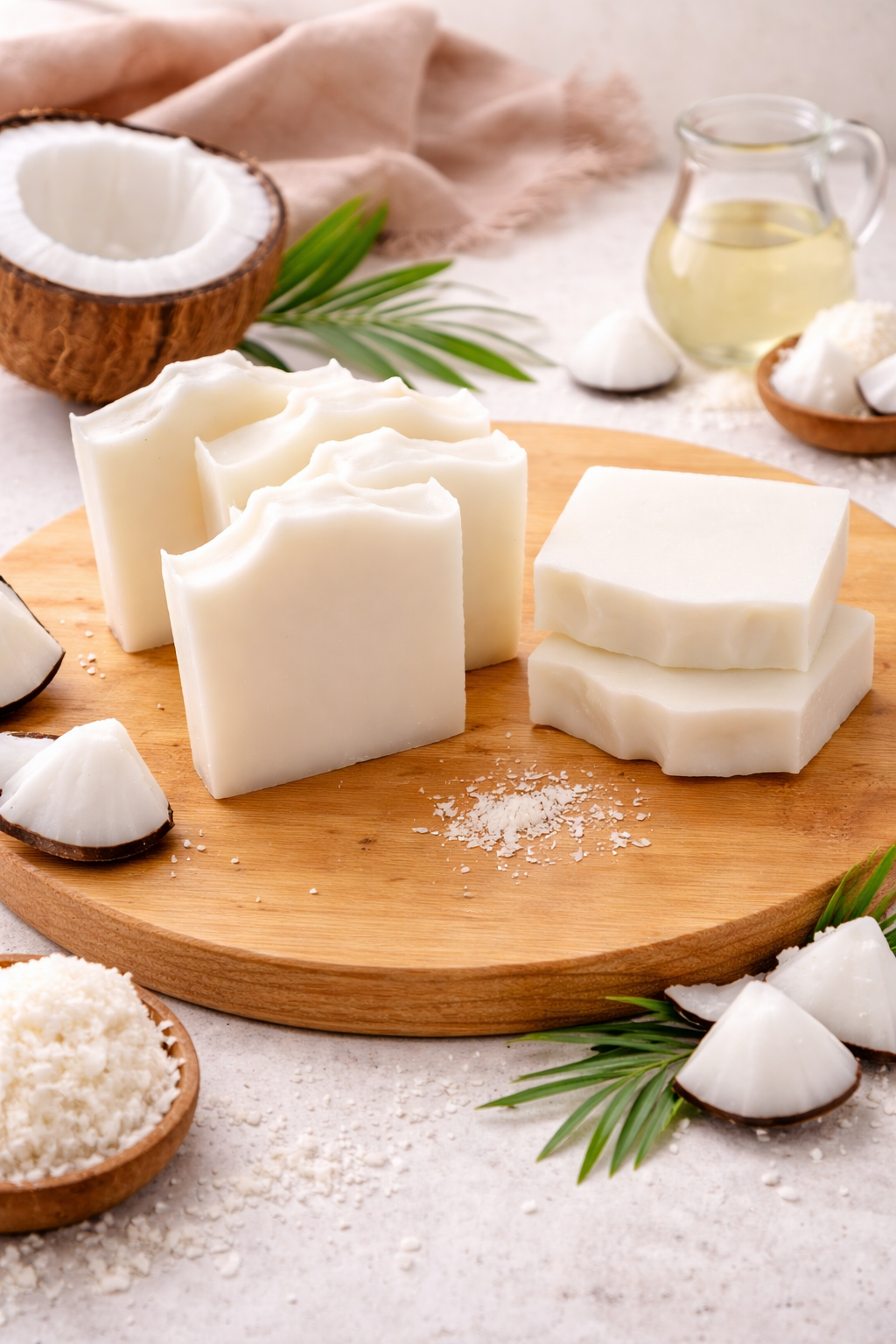 Minimalist white coconut oil soap bar with a clean, simple aesthetic, emphasizing purity and fragrance-free skincare.