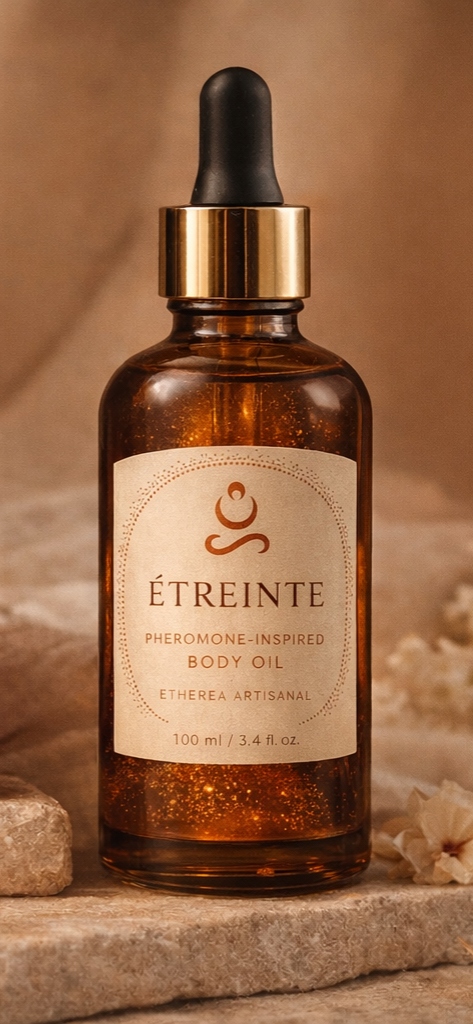 “ÉTREINTE 100 ml pheromone-inspired pourable body oil in amber glass bottle with vanilla, sandalwood, and jasmine fragrance by Etherea Artisanal”