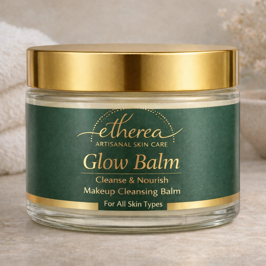 Etherea Glow Balm 100 g jar with gold lid – artisanal makeup cleansing balm for all skin types, removes makeup and nourishes skin