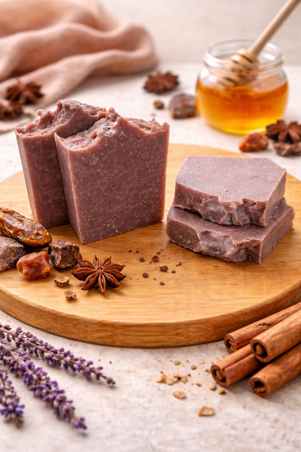 Handcrafted soap bar with warm tones, representing oud, musk, and honey with a rich, luxurious and nourishing feel.