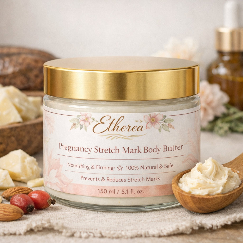 Jar of Etherea Pregnancy Stretch Mark Body Butter, 150 ml, featuring shea, cocoa, rosehip, and almond oils, with gold lid and natural beige label.