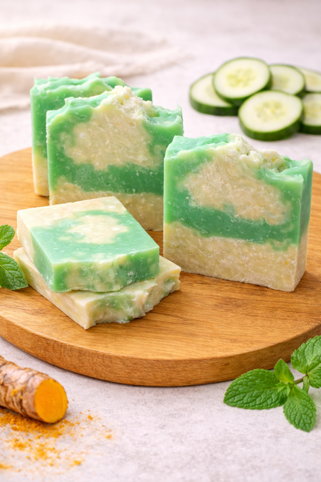 Green and cream swirled soap bars with a fresh, clean look inspired by mint and cucumber.
