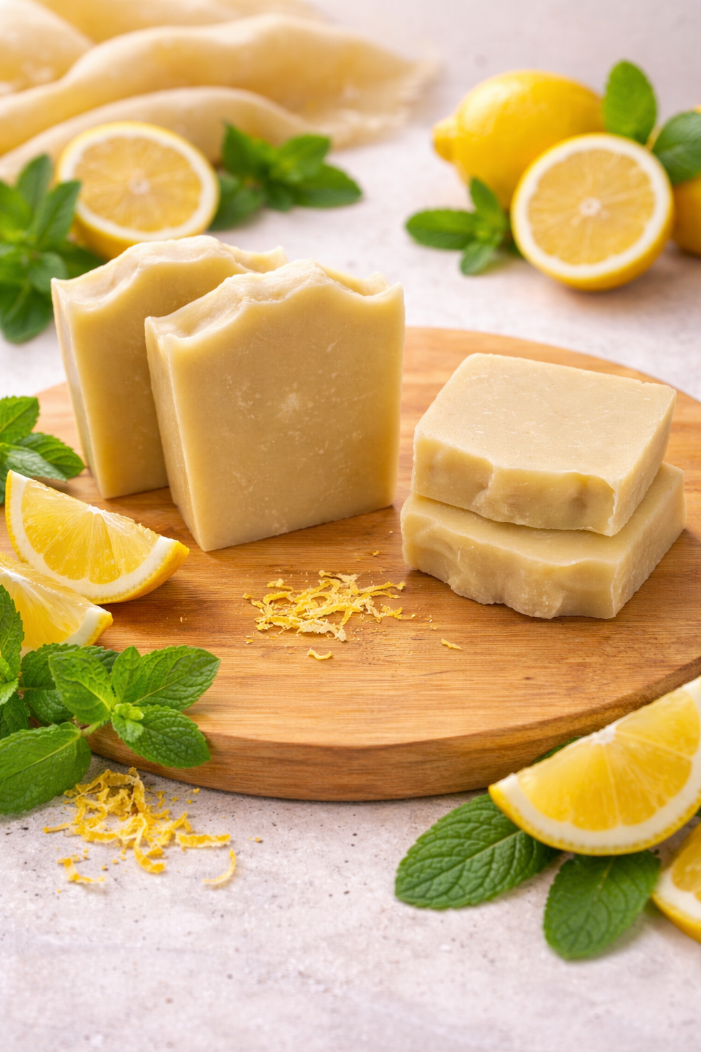 Handmade lemon & vanilla soap bar with bright yellow tones, highlighting a fresh citrus-inspired cleansing and energizing skincare feel.
