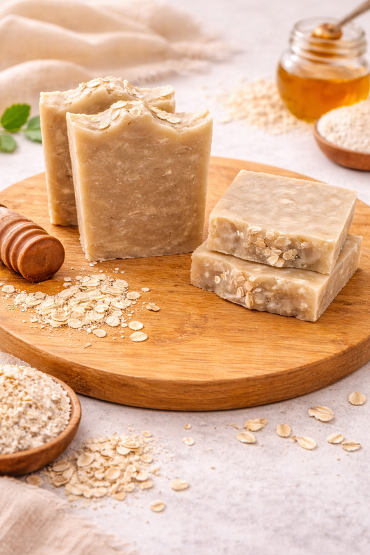 Creamy oat and honey soap bars with visible oat texture, handcrafted for sensitive skin care.