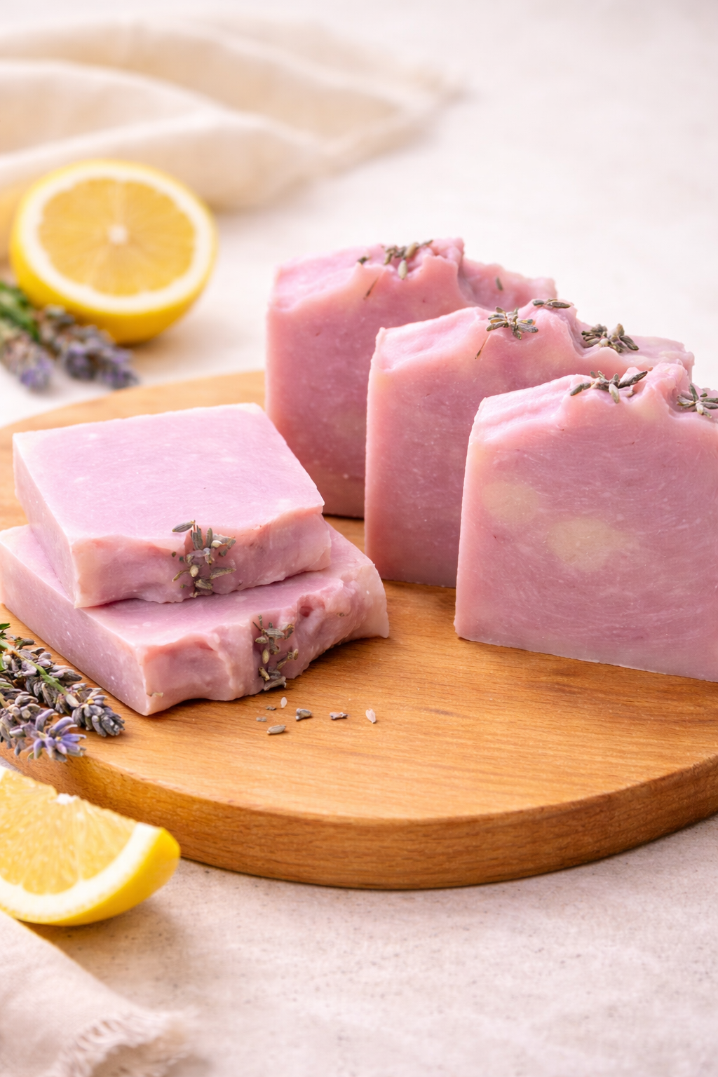 Soft purple-toned soap bars with a creamy texture, infused with lavender and lemon.