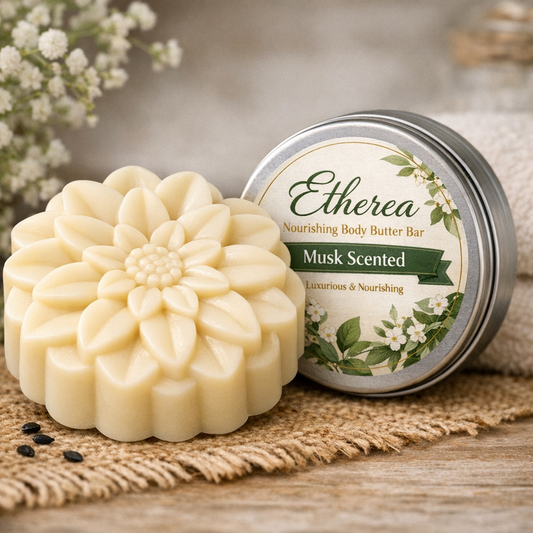 Etherea Nourishing Body Butter Bar shaped like a flower, musk scented, 80g solid moisturizing bar in silver tin packaging.