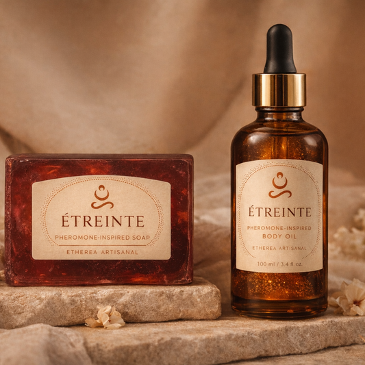 “ÉTREINTE pheromone-inspired luxury set: 100 g deep burgundy soap and 100 ml pourable body oil in amber glass bottle by Etherea Artisanal”