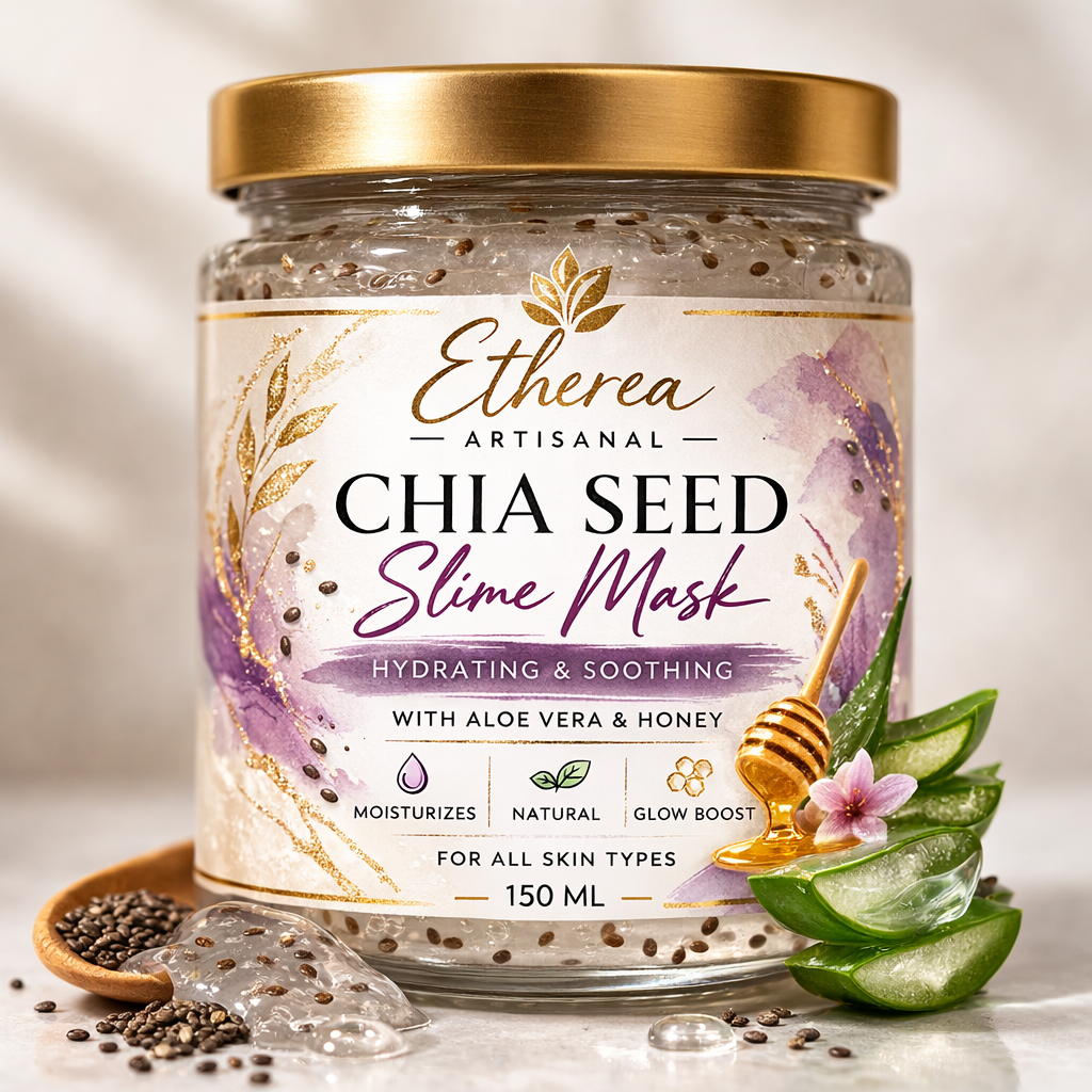 Etherea Artisanal Chia Seed Slime Mask 150 ml in clear jar with gold lid, hydrating gel mask with visible chia seeds for all skin types.