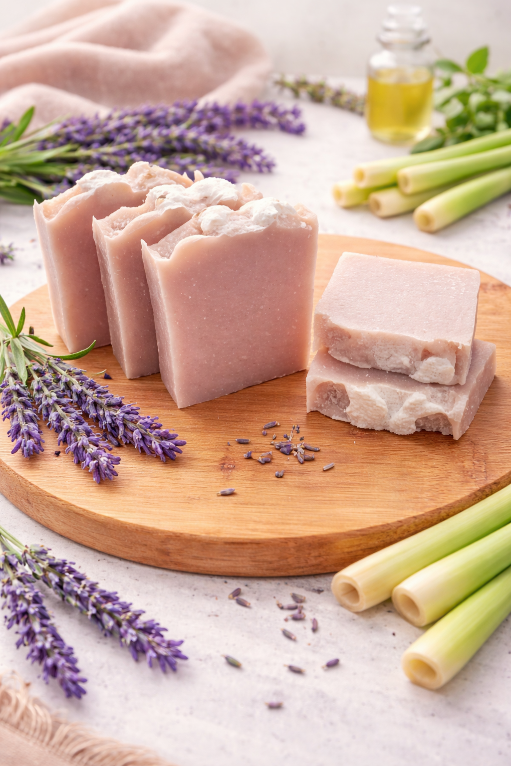 Natural soap bar with soft earthy tones, inspired by lavender and lemongrass, conveying a calming and nourishing skincare experience.