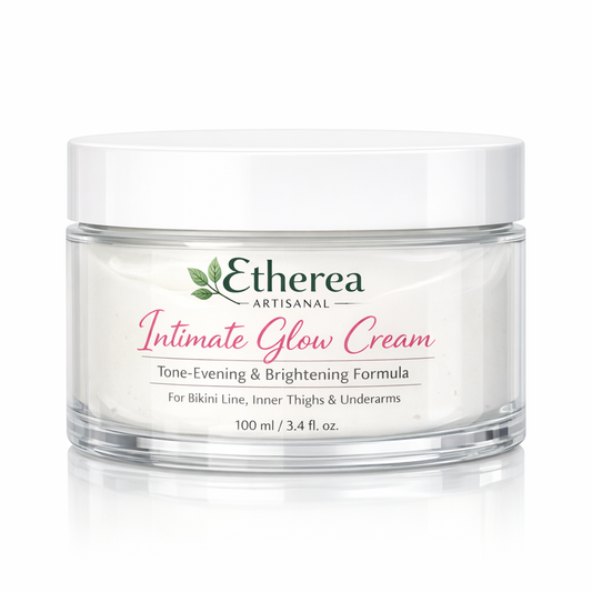 Transparent 100 ml jar of Etherea Intimate Glow Cream tone-evening formula for bikini line, inner thighs and underarms.