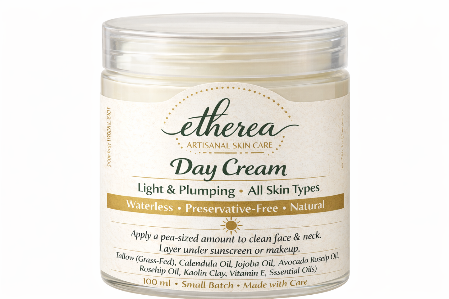 “Etherea Day Cream 100ml jar – natural tallow face cream for hydration and anti-aging