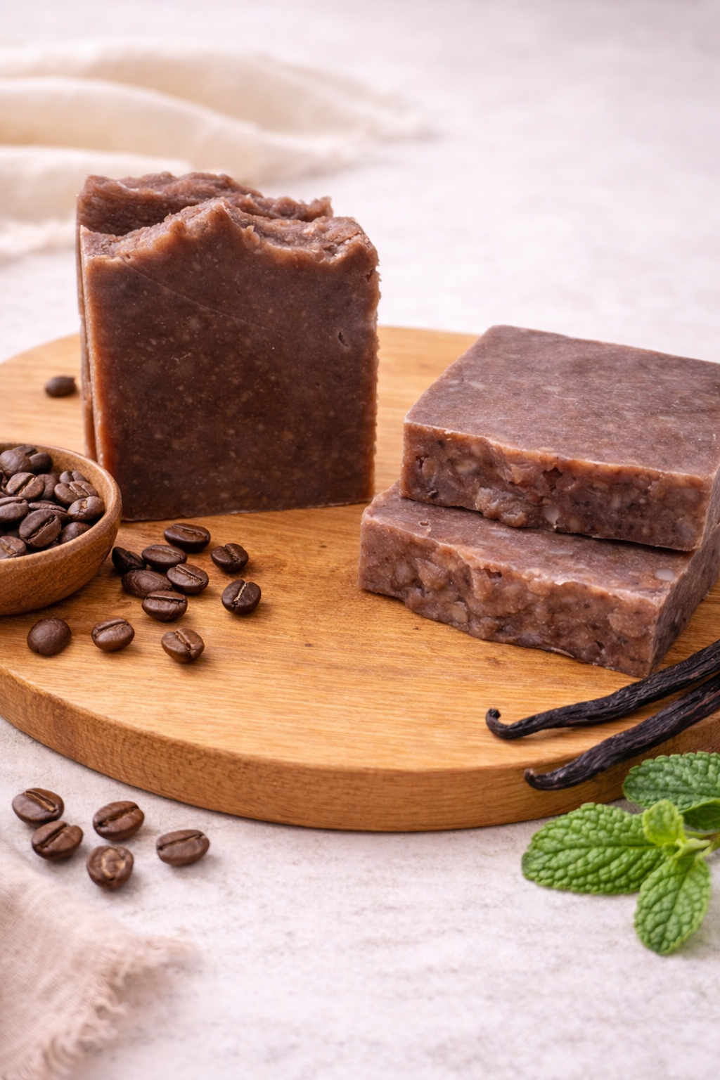 Brown coffee soap bars with a textured appearance, infused with coffee grounds and warm vanilla tones.