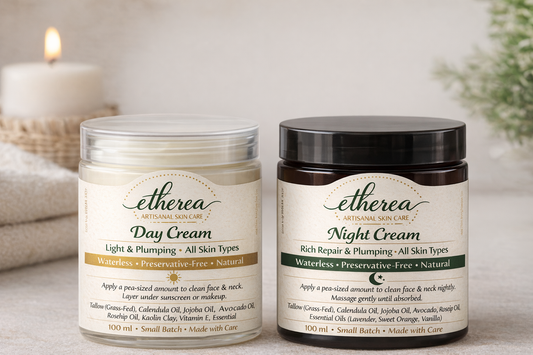 Handmade, preservative-free day and night cream set with calendula, avocado, jojoba, and rosehip oils
