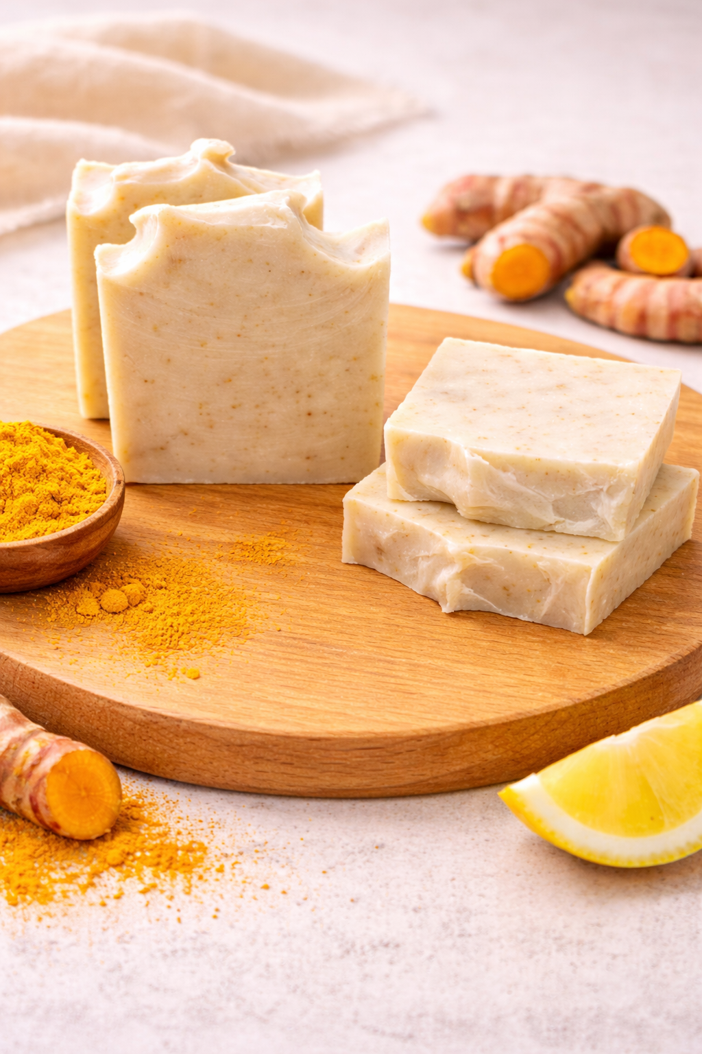 Natural turmeric soap bars with a warm beige-yellow tone and smooth handcrafted finish.