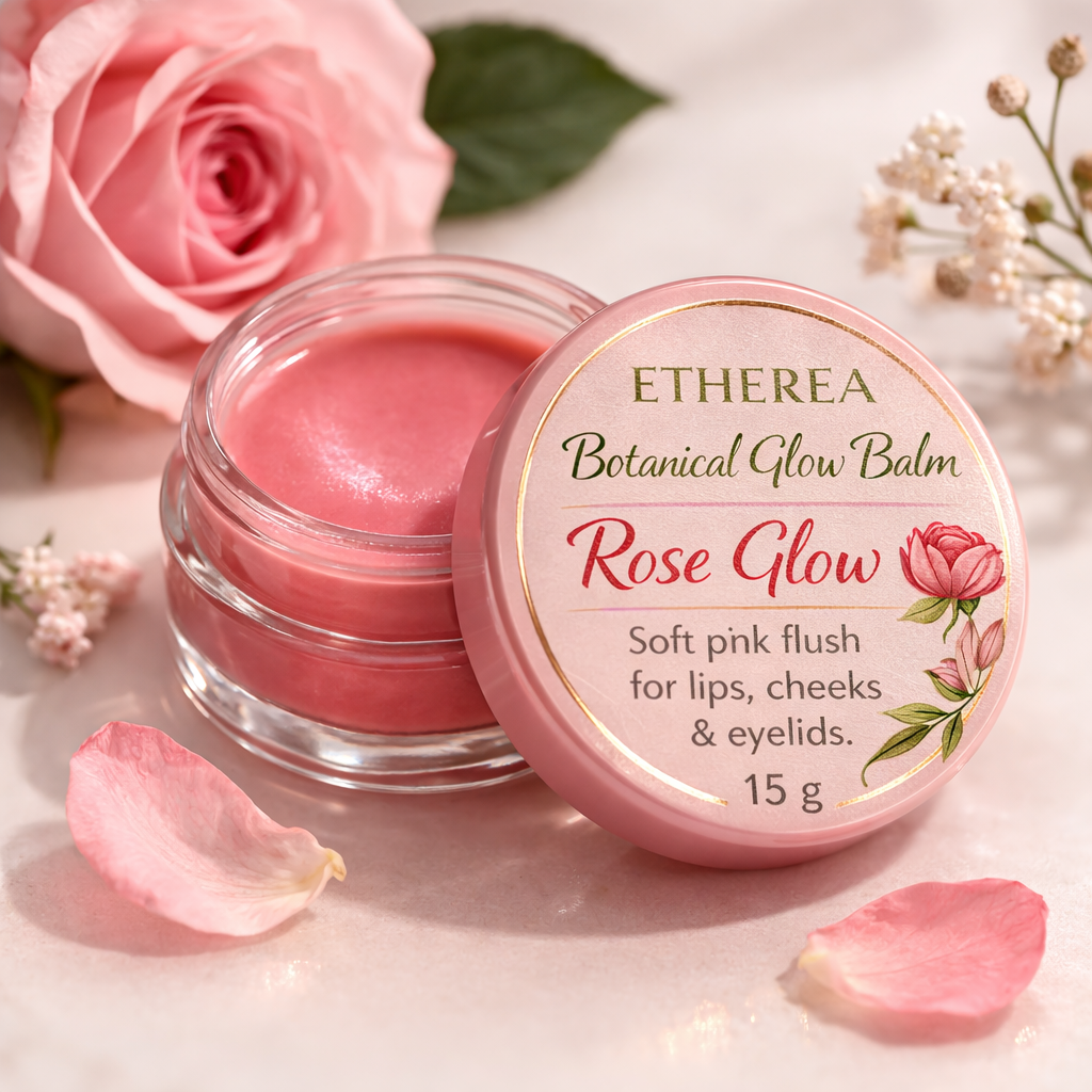 Etherea Rose Glow Botanical Glow Balm pink natural lip cheek tint in glass jar