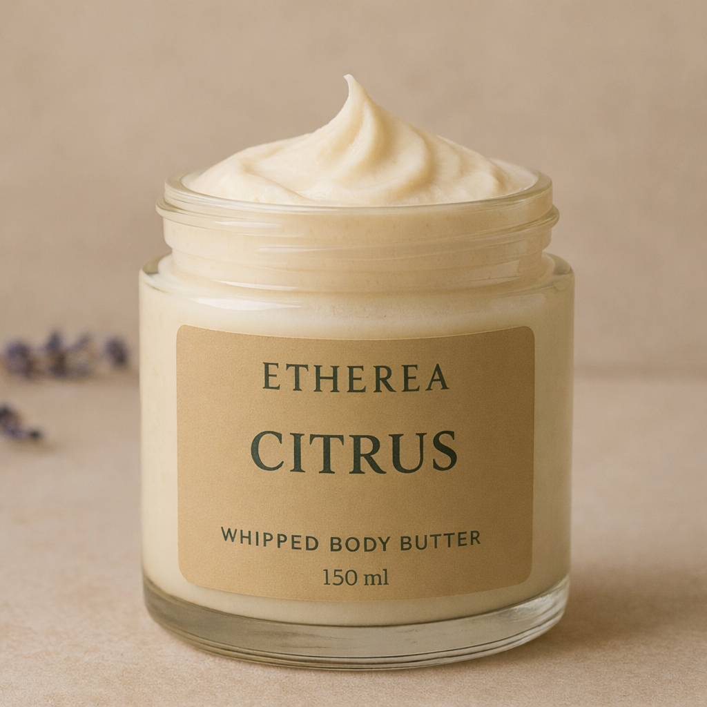 Citrus whipped body butter in a glass jar with creamy texture and natural ingredients