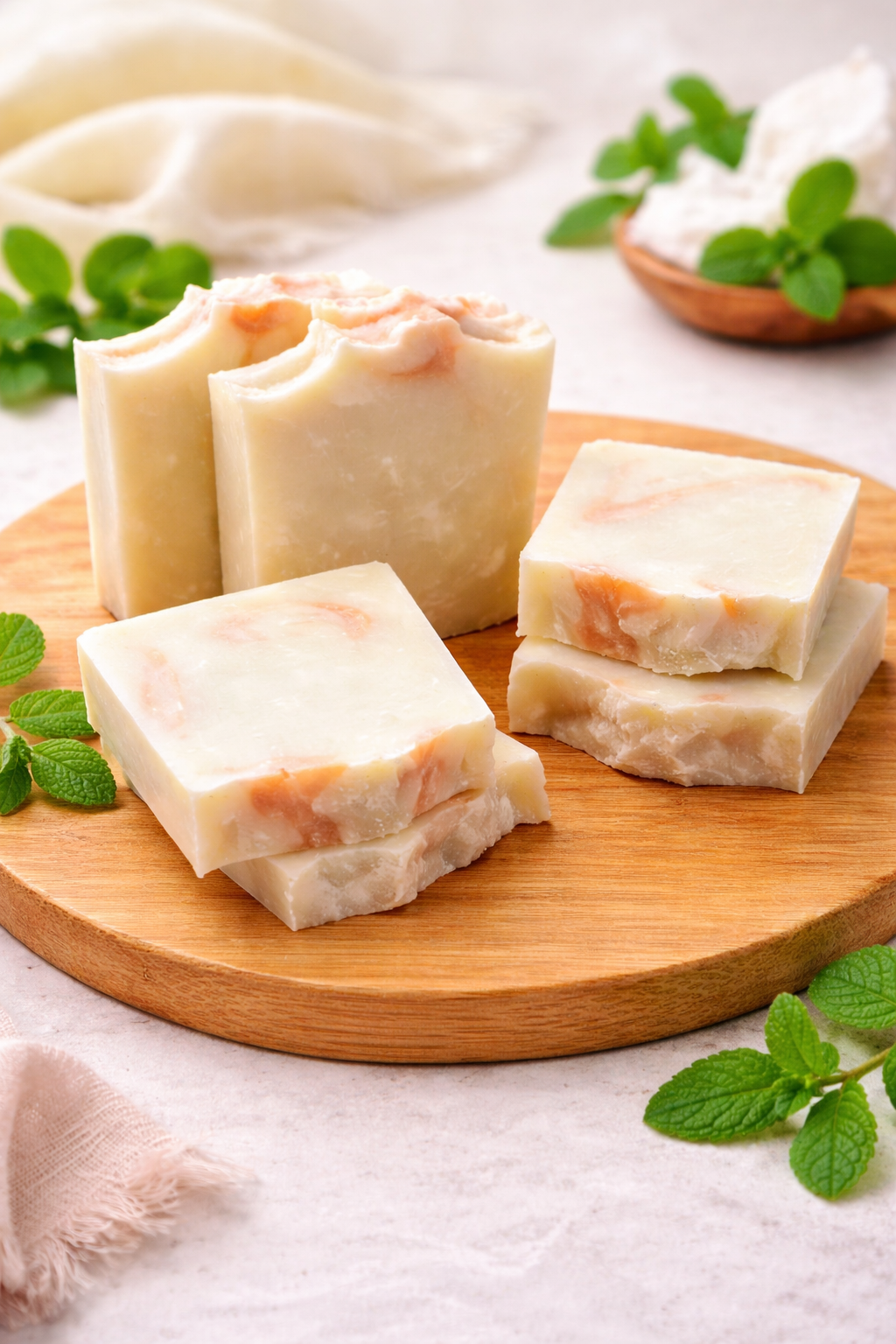 Handcrafted Misk El Tahara soap bars with a creamy texture and soft natural color, displayed on a wooden surface for a clean, artisanal look.