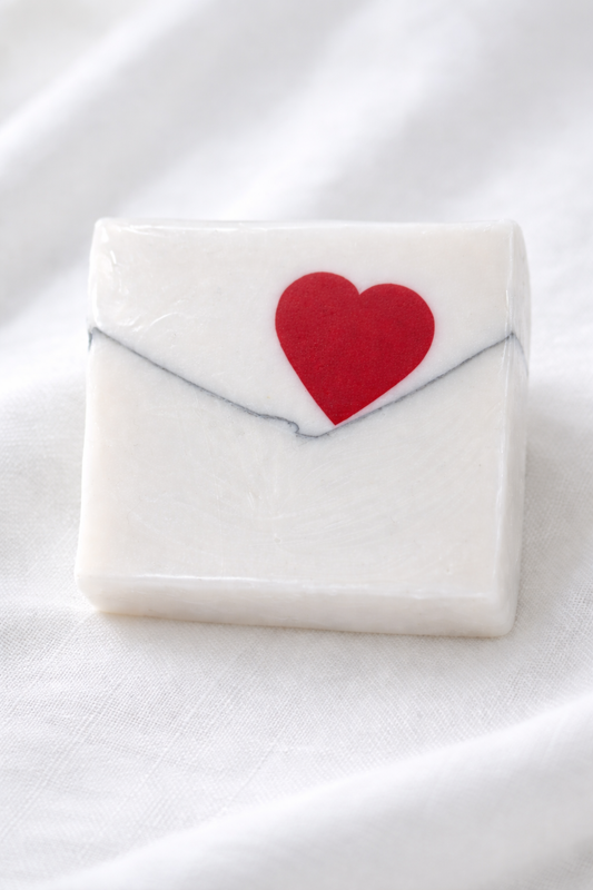 Handmade love letter soap with red heart design on white background